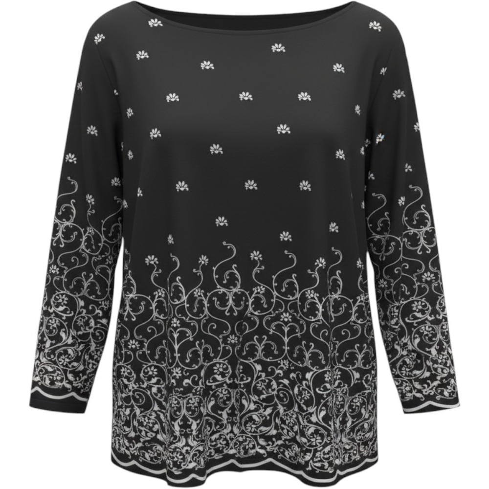 Apostrophe Woman Blouse 16-18W Black White Damask Scroll 3/4 Sleeve Excellent
